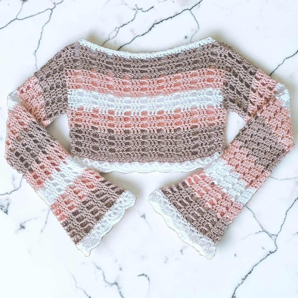 Handmade Crochet Boat Neck Bell Sleeve Crop Top | Festival Fairy Boho Mesh Top